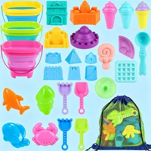 Collapsible Beach Toys for Kids Toddlers Age 3-10, 3 Pcs Foldable Buckets and Shovels Set with Mesh Bag, Portable Sand Castle Building Kit, Travel Sand Toys for Sandbox Summer Outdoor Beach Essentials for Boys Girls