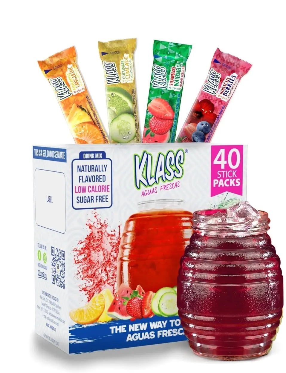 Klass Aguas Frescas | Drink Mix Variety Pack | Cucumber Limeade, Strawberry Watermelon, Hibiscus Berries & Pineapple Tangerine | Sugar Free On-The-Go Packets (40 Count Powder Stick Packs)