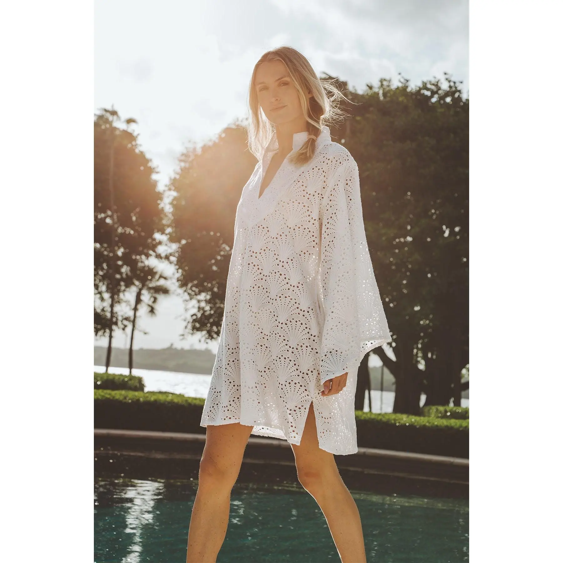 TAJ Mini Beach Kaftan | White Scallop Shell Eyelet