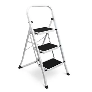 3 Step Ladder, Foldable Steel Stool with Wide Anti-Slip Pedals, Convenient Handgrip, Portable Household Staircase （White）