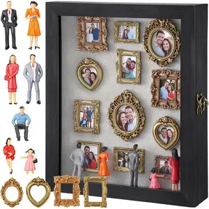 Qunclay 8x10 Anniversary Shadow Box Display Case with 8 Mini Vintage Frames & 7 Miniature Figurines, DIY Memory Box Kit for Couples, Wedding, Picture Frame Set for Keepsakes, Home Gallery Decor