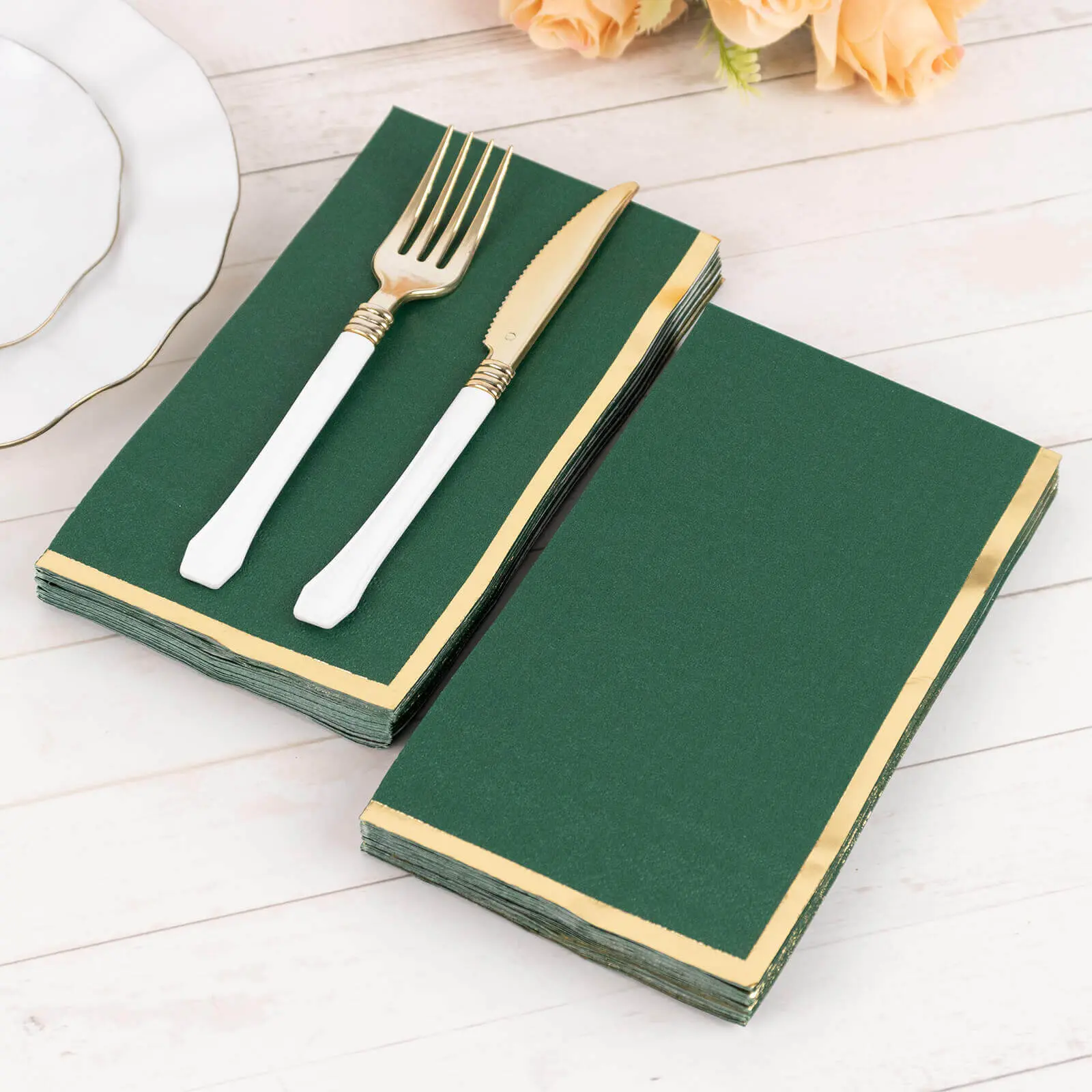 Bulk Pack 50-Count 2-Ply Double Soft Disposable Paper Dinner Napkins, Hunter Emerald Green with Gold Foil Edge - Event Tableware for Birthday Party Supplies