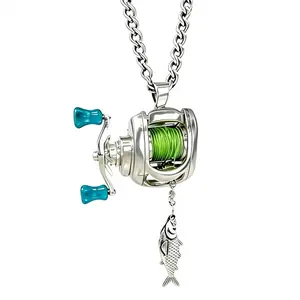 Mini Fishing Reel Necklace, Interactive Stainless Steel Pendant with Real Adjustable Line & Fish Charm , Unique Fidget Gift for Anglers, Dad, Fisherman