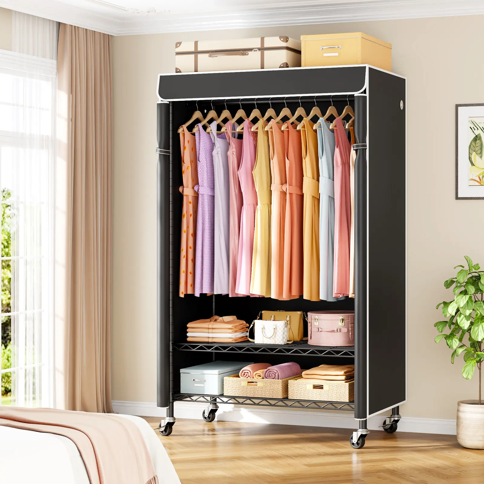 Ulif P6C Heavy Duty Closet Organization with Dust Cover,Portable Wardrobe with Wheels, Freestanding Clothes Rack, Adjustable,Dustproof,Black Home Supplies