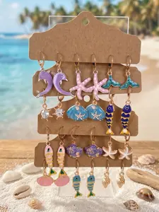 Trendy Summer Vacation Dainty Ocean Earrings Bulk, 12 Pairs Dolphin Starfish Fish Mermaid Tail Shell Drop Earrings, Daily Wear Jewelry for Women
