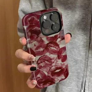 Red Lips Pattern Phone Case , Shockproof Rugged Cover Dual Layer Soft TPU Hard PC Bumper Hard Shell for iPhone 11 12 13 14 15 16 Pro Max Plus Luxury