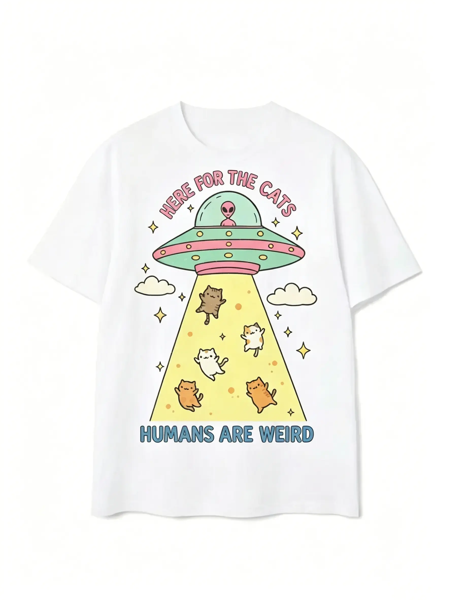 Women's Round Neck Shortsleeve Cotton T-Shirt - Breathable, Soft, Classic, Funny Vintage Cartoon Alien UFO Graphic, Retro Pastel Design, "Here for the Cats Humans Are Weird" Cat Lover Unisex Gift Top, Tshirt, Cartoon Print