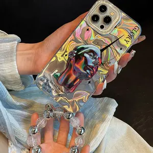 Metallic Phone Case with Beaded Wrist Strap, Shockproof Phone Protective Cover, Phone Accessories Compatible with iPhone 11 12 13 14 15 Pro Max Casing