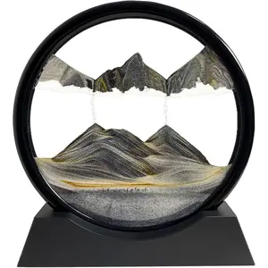Moving Sand Art Picture - Sand Art Liquid Motion 3D Deep Sea Sandscape, Round Glass Frame Display Flowing Sand Relaxing Toy for Desktop Home Office Work Ocean Decor(Black, 7")