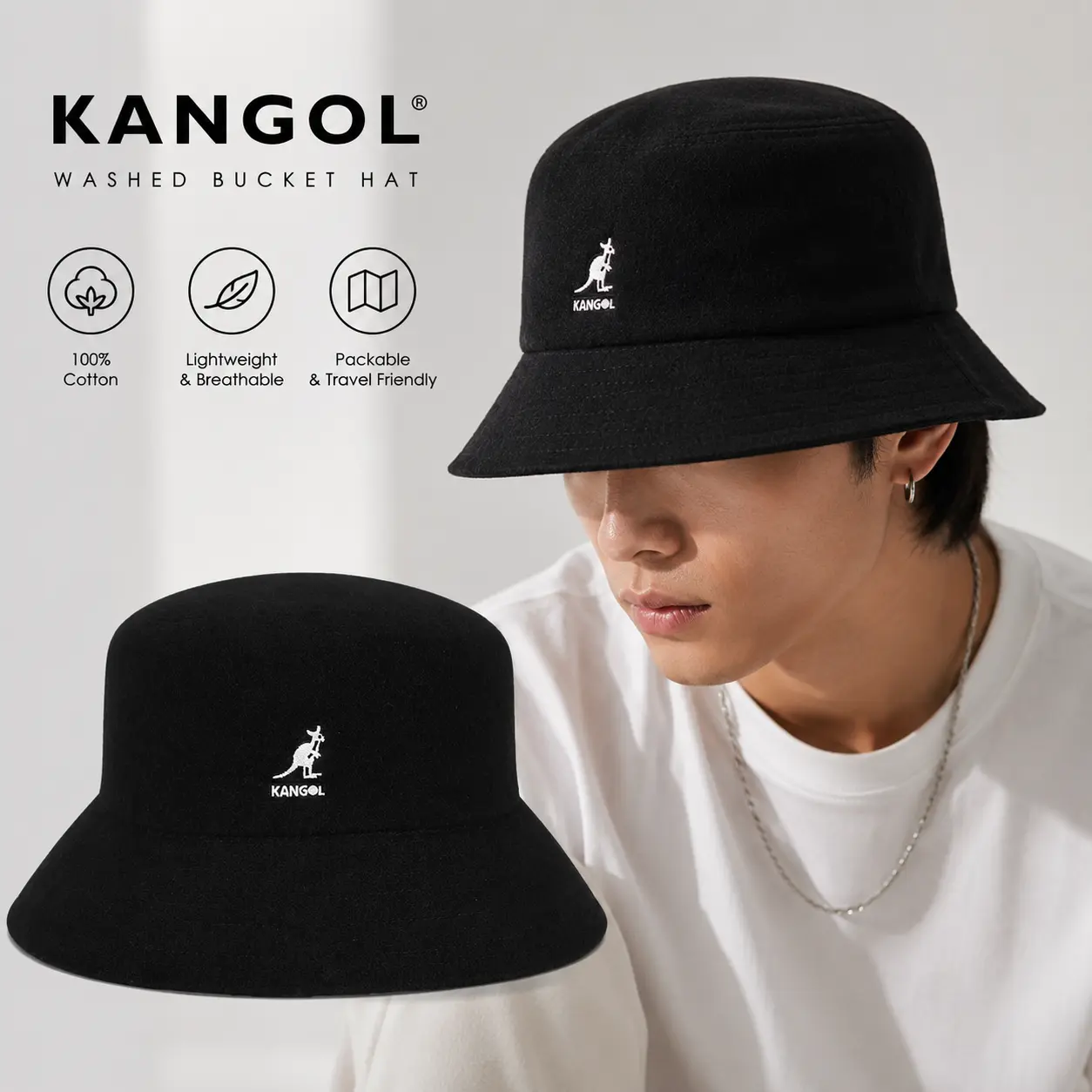 Kangol Washed Bucket Hat Black, 100% Cotton Bucket Hat for Men & Women, Lightweight Breathable Unisex Sun Hat, Classic Kangaroo Logo, Casual Travel Everyday Wear