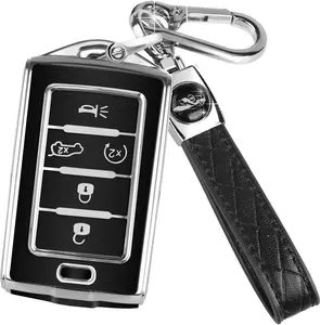 for Jeep Key Fob Cover with Keychain, Car Key Case  Protection 5 Buttons, Fit for Jeep Grand Cherokee Wagoneer Grand Cherokee L 2021 2022 2023 Soft TPU Accessories, Silver Black