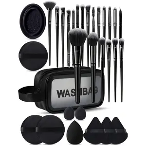 31pcs Makeup Brush Set Including 20 Makeup Brushes, 3 Triangle Makeup Sponges For Loose Powder And Setting, 2 Finger Makeup Sponges For Concealer,1 Brush Cleaning Bowl,3 Large Round Powder Puffs For Full Face Setting,1 Waterproof Cosmetic Bag For Storage