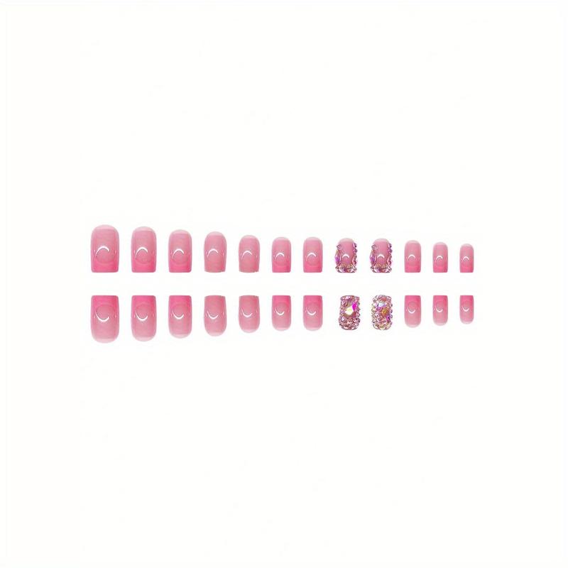 [Fashionable Nail Kit] 2 Pack 48PCS Handmade Pressing Nail and Toe Nail Set |   Pink Square Nails with 3D Rhinestones, Glossy French Pointed Design, Fashionable Nail Kit for Women