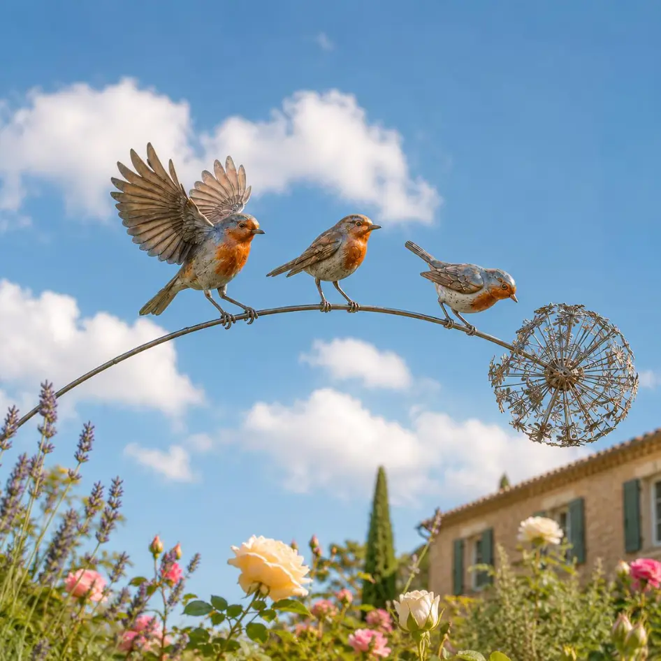 Metal Robin Bird Garden Stake with Dandelion Bloom & Curved Branch Design - Whimsical Home Decor, Cottagecore Ornament, Landscaping Accent for Garden Borders, Thoughtful Gift for Bird Lovers