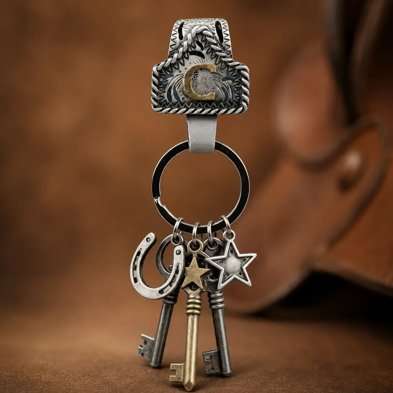 Vintage Western Cowboy Initial Keychain - A-Z Letter Belt Clip Key Holder, Personalized Cow Tag Accessory for Jeans Pocket, Gifts, Solid Zinc, 6*3 Cm