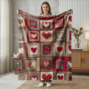 Vintage Heart Patchwork Flannel Blanket, Soft and Warm, Ideal for Sofa and Bed, Perfect for Autumn Winter and Valentine's Day, Flannel Throw Blanket, Cozy Flannel Blanket