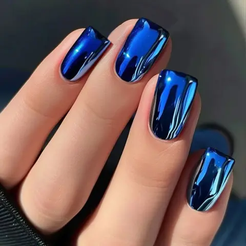 24pcs Short Square Blue Design Press-On Nails Set, Fake Nails, Perfect Fit Acrylic False Nails, Easy Wear, Ideal for Parties, Dancing, Daily Use