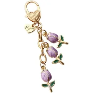 Flowers Charms Rose Tulip Enameled Keychain Purple Flower aisy Keyring for Women Purse Bag ecors