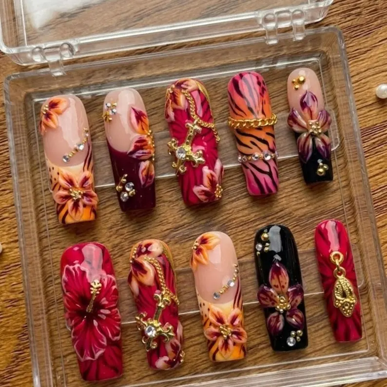 Tropical Floral Press On Nails Bold Glam Tiger Print 3D Flower Nails Y2K Gemstone Summer Nails