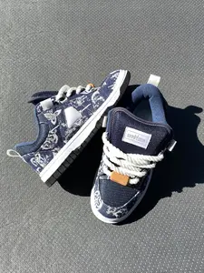New Dark Blue Low-Top Thick Sole Casual Skate Shoes, Trendy Bread Sneakers for Men, Large Size Sport Shoes, Streetwear Canvas Shoes, Trainer
