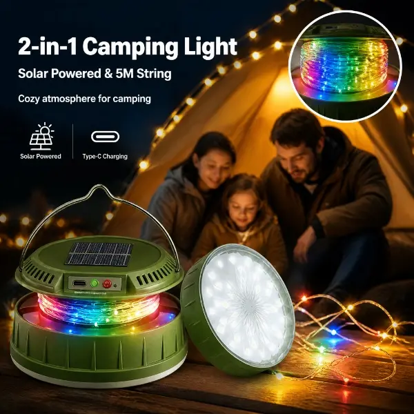 Solar Camping Light - Multi-Mode, Compact, Waterproof, Portable, 5m Extendable RGB LED Strip, Built-In 5m Light String, Hanging Design for Camping, Parties, Garden Decoration