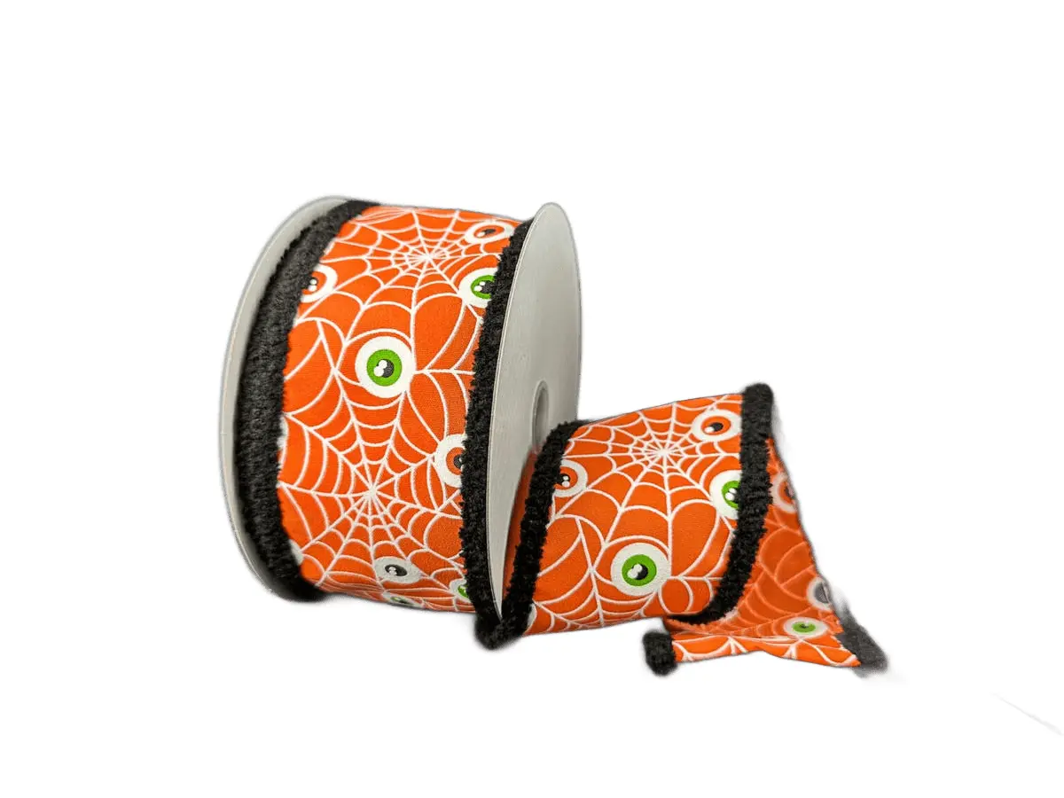 Orange Satin Eyeball Ribbon with Black Fuzzy Edge – 2.5" x 10 Yards, Wired