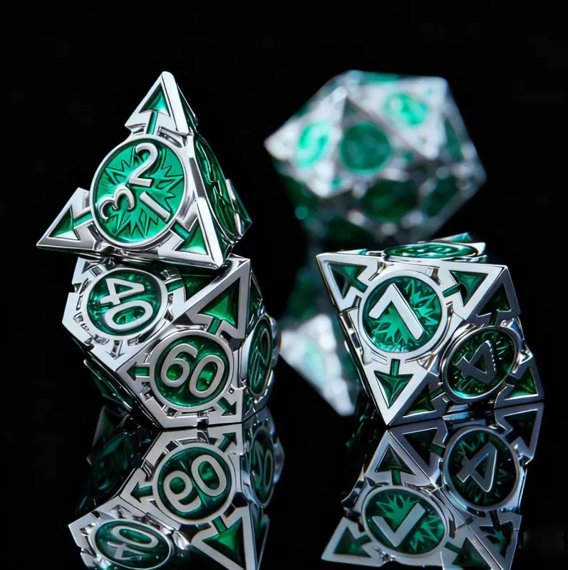 7Pcs Hollow Metal DND Dice Set, Weighted Polyhedral Green Silver RPG Dice for Dungeons & Dragons Tabletop Role Playing Game