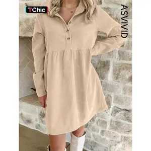 Women's Casual Corduroy Half Button Collared Long Sleeve Mini Dress, Fall & Winter Fashion, Comfortable Daily Wear