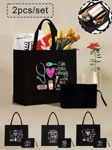 Nurse Themed Tote Bag and Cosmetic Bag Set, Multifunctional Portable Bag, Shoulder Bag, Fabric Handbag Organizers with Positioning Print, Foldable, Hand Wash,Versatile for Office and Student Use, Christmas Gift for Nurses and Friends