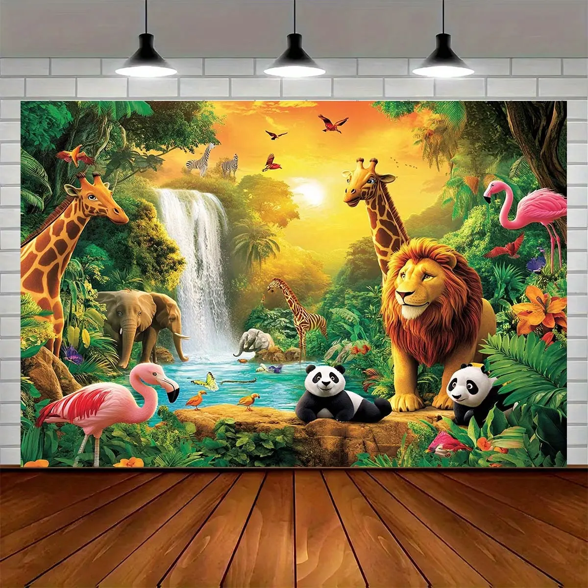 Tropical Rainforest Animal Print Polyester Photo Backdrop Wall Banner, 1pc for Kids' Photography, Wedding Decor, Durable Cloth with Lions, Giraffes, Elephants, Pandas, Colorful Birds,summerwins