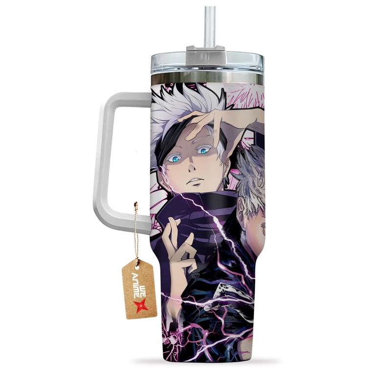Satoru Gojo Anime Custom Name 40oz Tumbler with Handle, Personalized Stainless Steel Insulated Drinkware with Straw, Unique Gift for Anime Fans