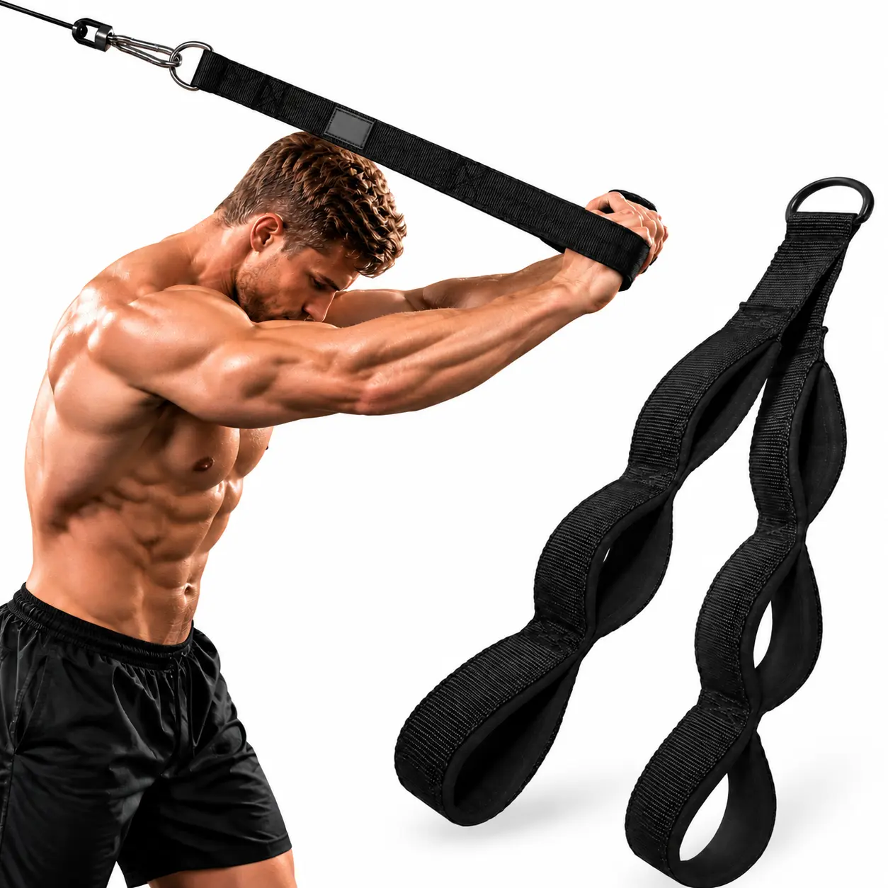 Multi-Grip Tricep Strap Cable Attachment - 4 Padded Loop Handles, Nylon D-Ring Gym Accessory for Pushdowns, Face Pulls, Cable Curls, Rows and Upper Body Strength Training