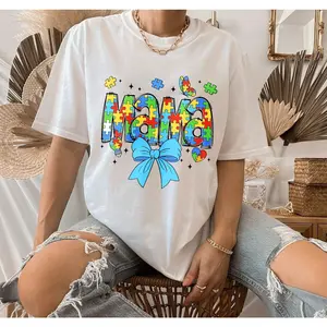 100% Cotton Autism Awareness Mama T Shirt, Puzzle Pieces And Butterflies Print For Motherhood And Special Needs Support,Machine Washable Casual Top,Size S-5XL,Relaxed Fit Shirt
