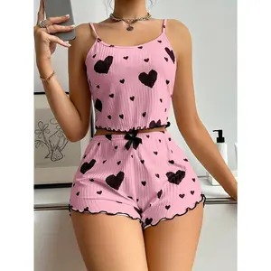 Women's Chic Heart Print Ribbed Cami & Shorts Pajama Set - Comfy, Stretchy Polyester Blend, Machine Washable Nightgown For Ladies