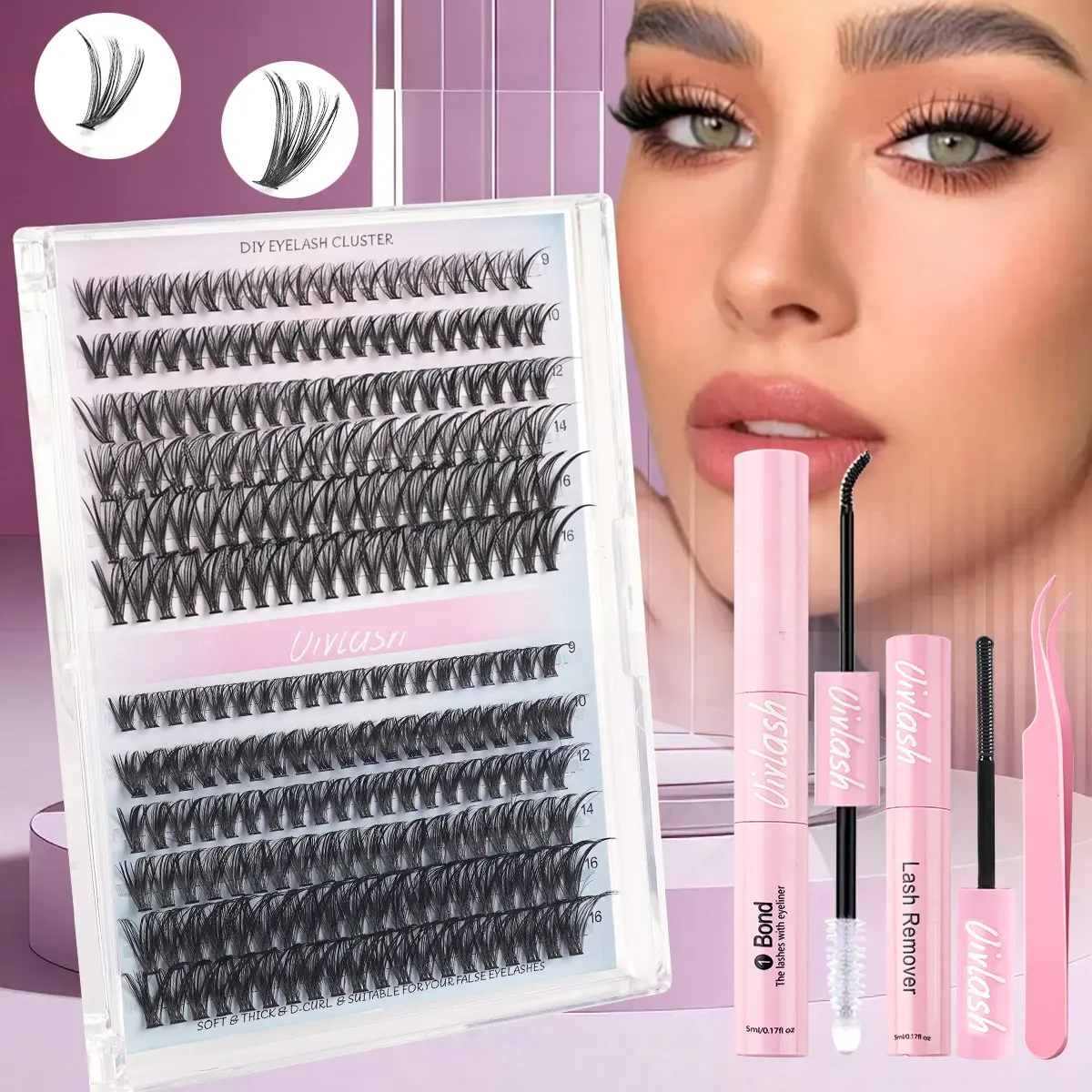 Individual Cluster Lash Kit, Segmented Fluffy Volume D Curl Cluster Eyelashes, Natural Thick Wispy DIY Self Graft Lash Extension Set with Tweezers & Lash Glue, Mixed Length 9-16mm for Beginners
