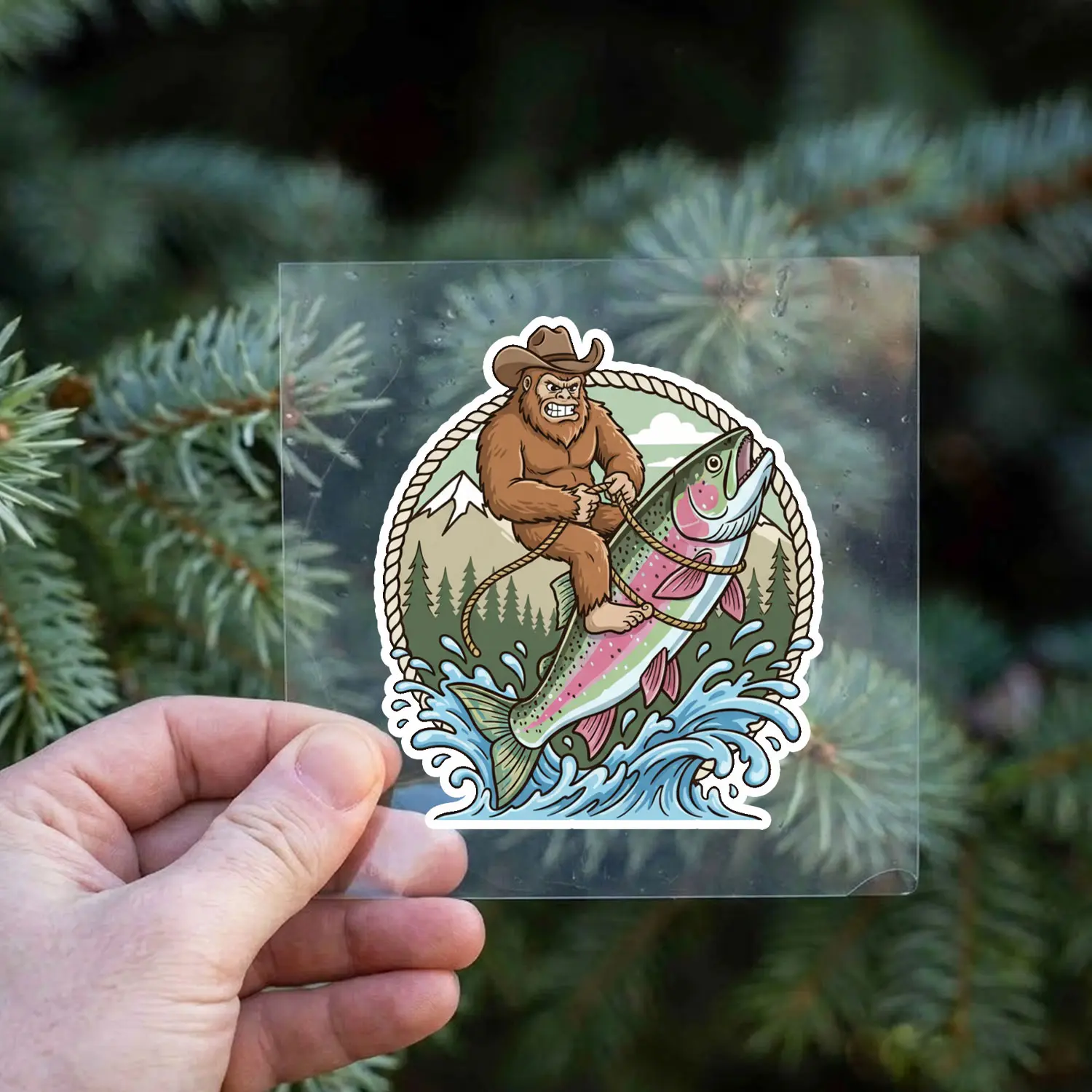 Cowboy Bigfoot Rainbow Trout Fishing Sticker, Funny Angler Vinyl Decal, Waterproof Outdoor Sticker for Laptop Car Tumbler