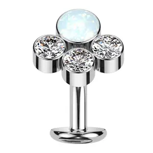 Quad Cluster White Opalite Clear CZ Titanium Threadless Floating Belly Button Ring (Convex Disk)