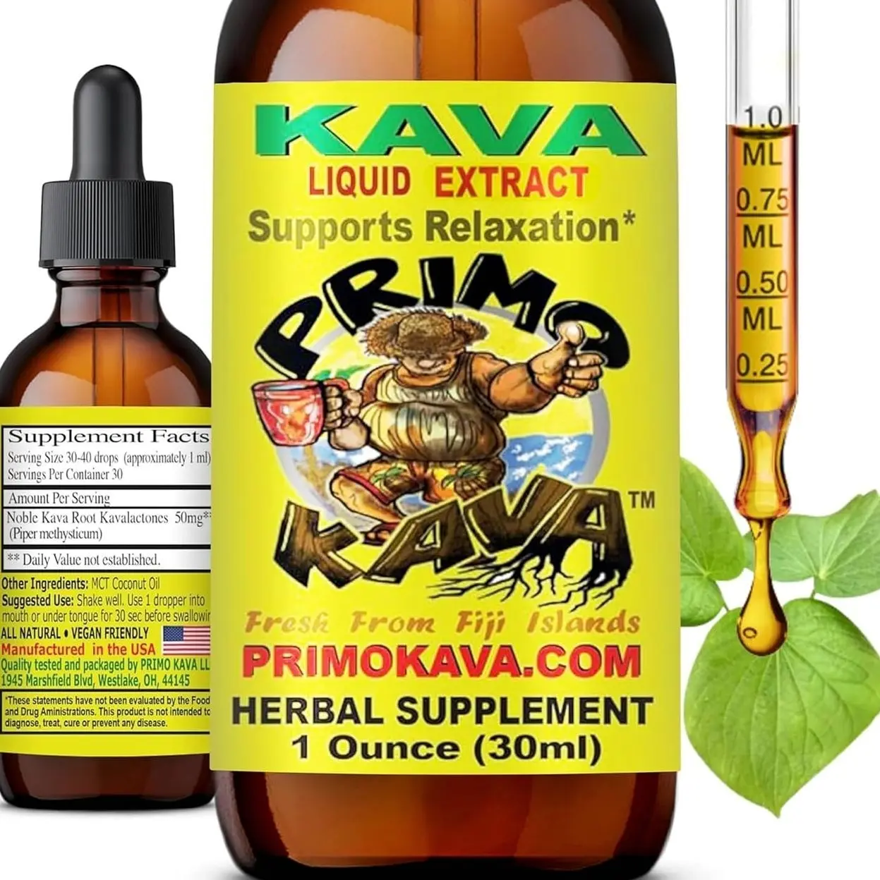 Drops | Natural Kava from Fiji | Fast Acting Kava Root Extract for Calming & Relaxation | 50 mg Potent Kavalactones | 1 oz