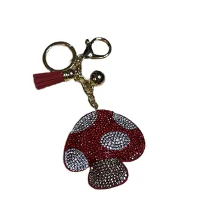 Red White and Brown Bag Charm or Keychain with Sparkling Mushroom Design and Tassel Accents