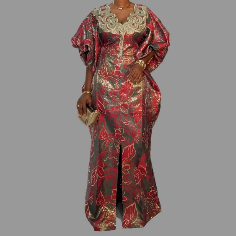 Luxury African Boubou Dress with Elegant Floral Print & Asymmetric Design for Special Occasions Handmade Pure Rich Brocade Fine Cotton Bubu