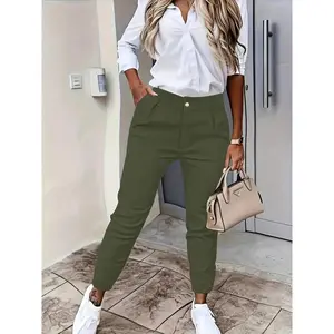 Women's Elegant High Waist Slim Fit Pants - Solid Black 100% Polyester, Machine Washable with Slant Pockets & Button Details, Medium Elasticity Lightweight Durable for Work & Leisure Wear, High Waisted Leggings, Casual Casual Attire, Sophisticated Style,