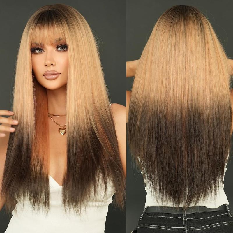 Long Straight Ombre Blonde Black with Bangs 28 Inch Ash Blonde Half wig with Dark Roots and Black Hair Tail Dye Natural Synthetic Layered Heat Resistant Wig for Women Daily Party Use