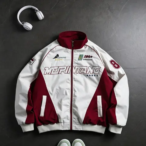 Men's Racing Style Bomber Jacket Menswear Activewear, Classic Athletic Sportswear, Graphic Letter Print, Patch Details, Stand Collar, Polyester Warm Fleece Fabric, Pull On Long Sleeve, Streetwear Look, for Casual Everyday Wear