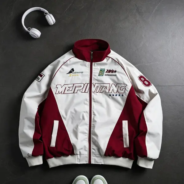 Men's Racing Style Bomber Jacket - Graphic Print with Patch Details, Stand Collar Design, Fleece Fabric Offers Comfort and Warmth, Pertect for Casual Street Style, Everyday Wear, or This Season's Trendy Sporty Look Coats Long Sleeve