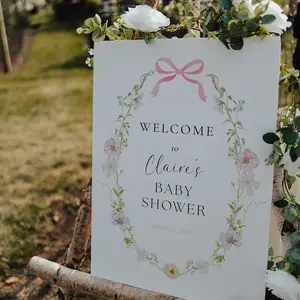 Wildflower Baby Girl Welcome Sign Floral Pink Bow Baby Shower Welcome Poster Template Templett