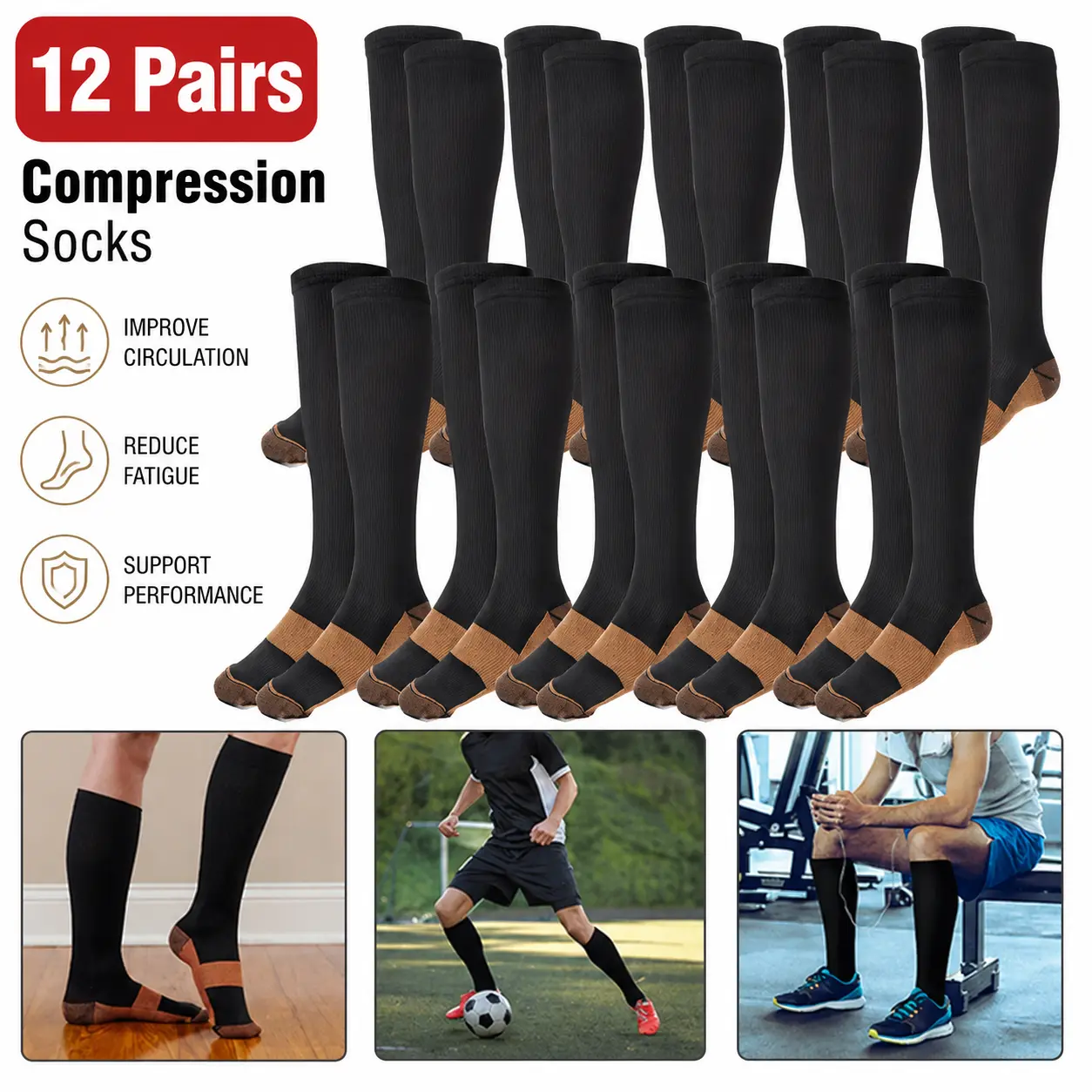 12 Pairs Knee High Compression Socks for Men & Women, Graduated Athletic Support Socks for Running, Travel & Work