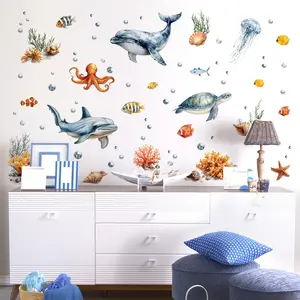 A piece of (30*90cm) underwater animal wall stickers featuring dolphins, sea turtles, jellyfish, octopuses, and seaweed. Suitable for decorating and beautifying living rooms, foyers, and corridors. Self-adhesive home decoration stickers, M14261-ZW
