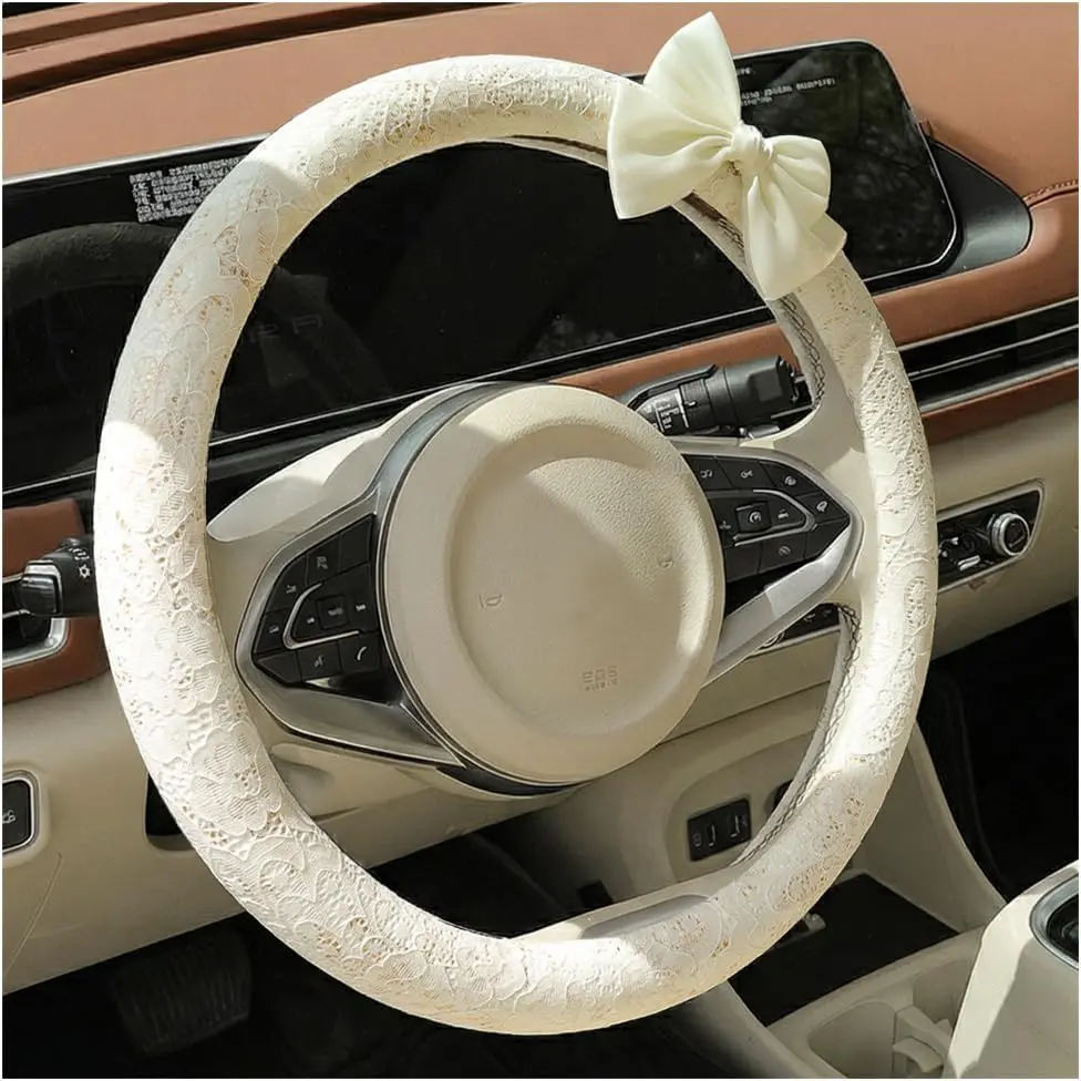 Car Steering Wheel Cover, Bow Design Vehicle Steering Wheel Protector with Anti-Slip Lining, Lace Automotive Interior Protective Accessories, Universal for Sedan RV Truck (Beige/Pink)