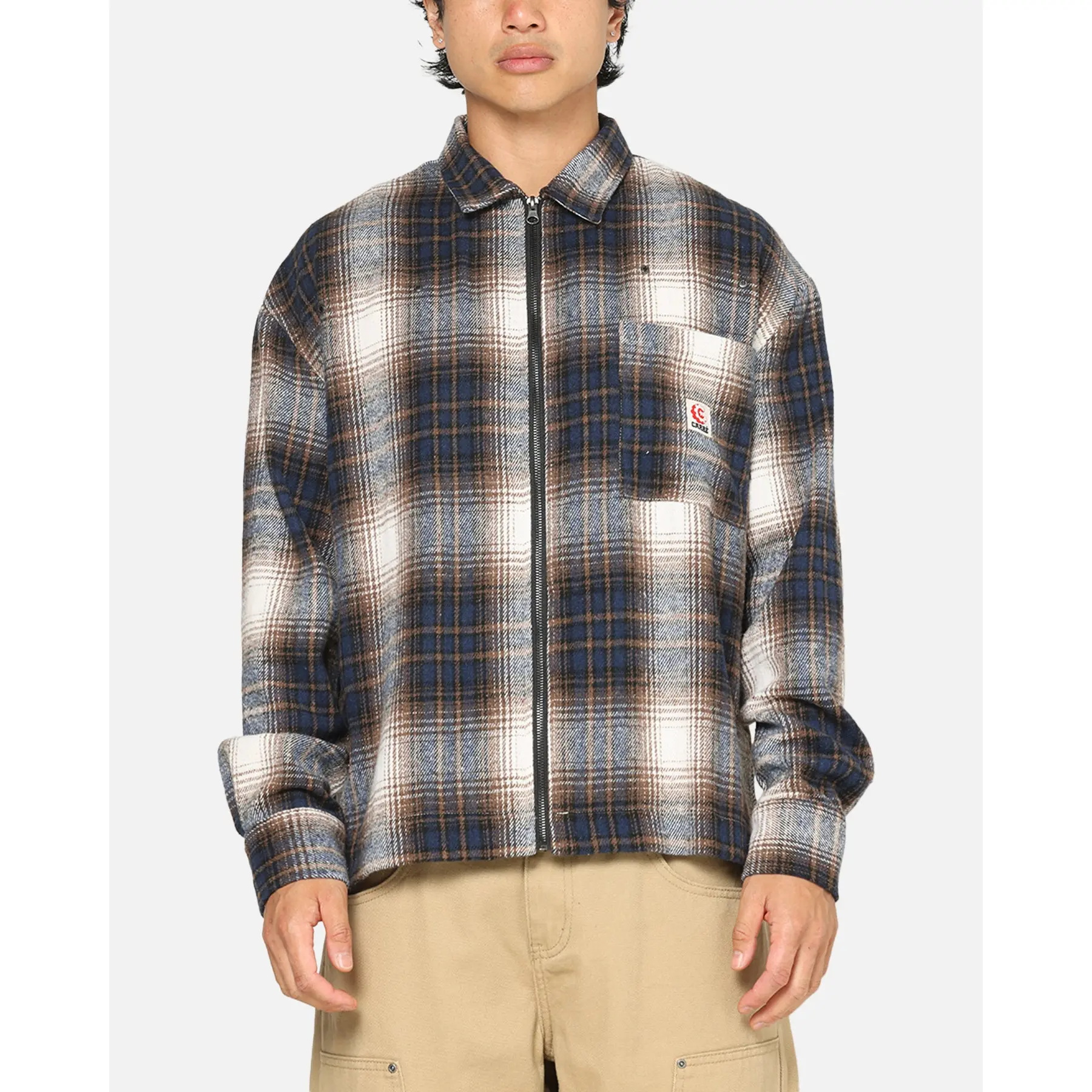 Carre Ombre Zip Up Long Sleeve Shirt Black Plaid