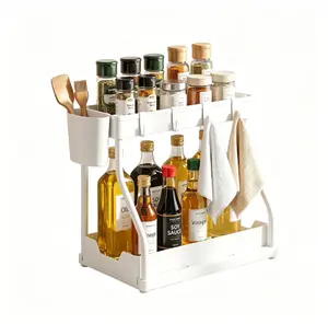 " 2-Tier Spice & Condiment Organizer Rack – Multi-Functional Kitchen Storage for Bottles, Spices, Sauces, and Utensils, Space-Saving, Sturdy Design for Countertop & Cabinet, Easy Access and Organization! "